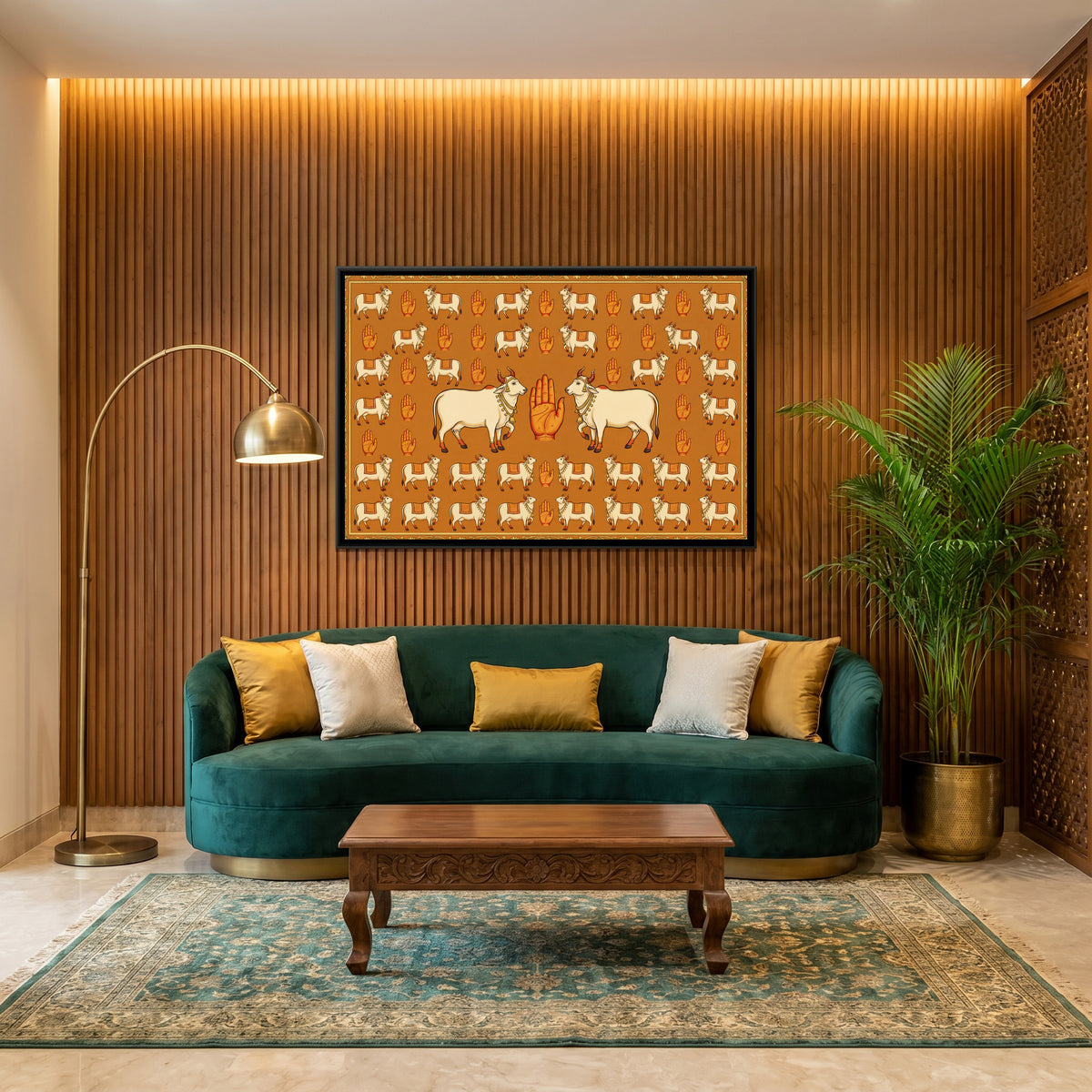 Pichwai Cows and Handprints — canvas art shown in a second room setting