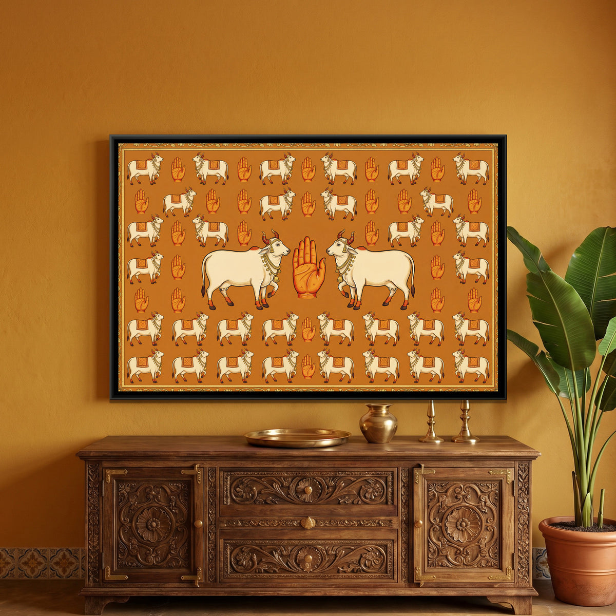 Pichwai Cows and Handprints — framed canvas art hung on a wall