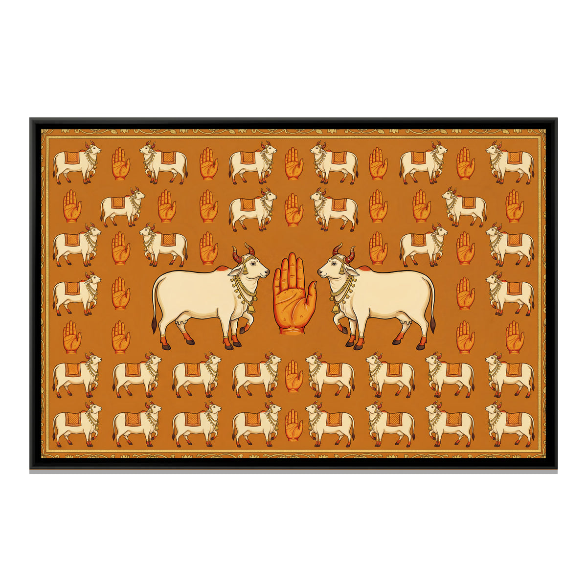 Pichwai Cows and Handprints — framed canvas print, front view