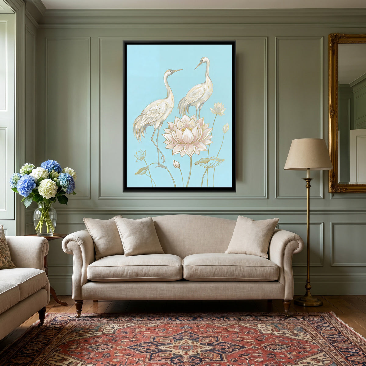 White Cranes and Lotus — canvas art shown in a second room setting
