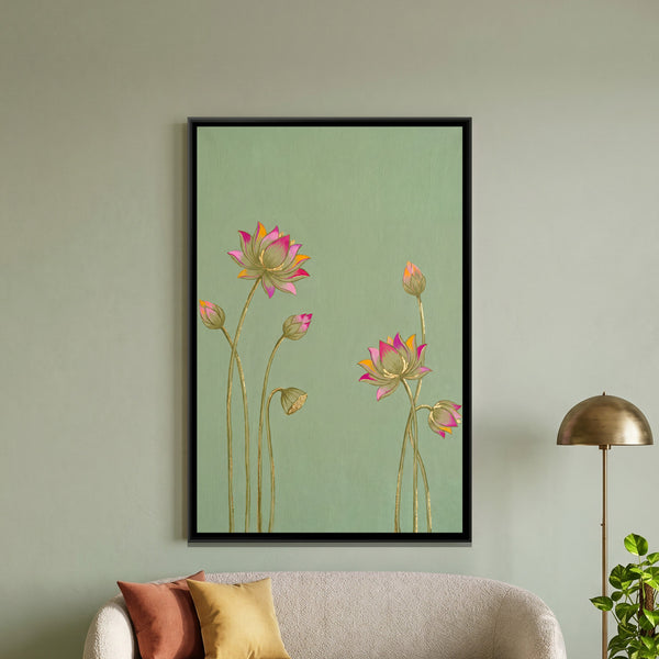Pichwai Lotus Stems — framed canvas art hung on a wall