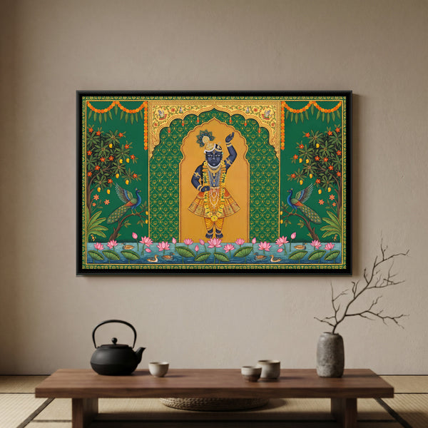 Pichwai Shrinathji — framed canvas art hung on a wall