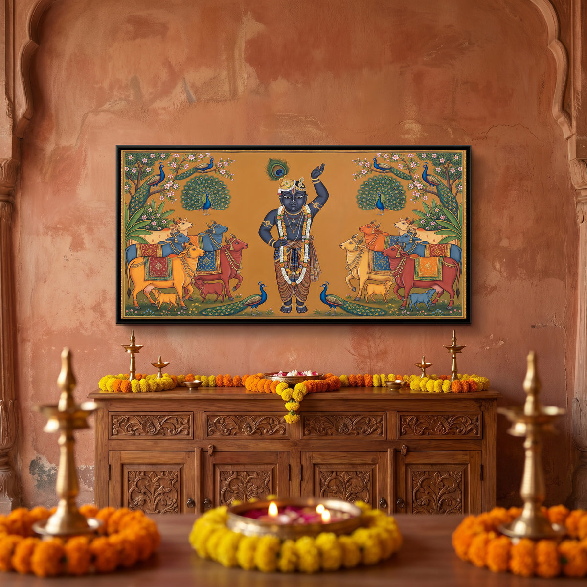 Pichwai Shrinathji with Cows — canvas art shown in a styled room