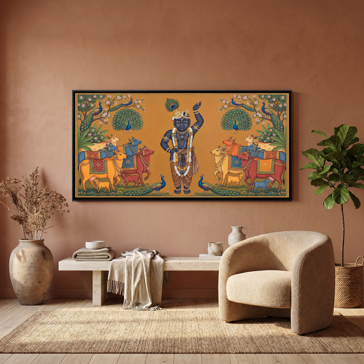 Pichwai Shrinathji with Cows — canvas art shown in a second room setting