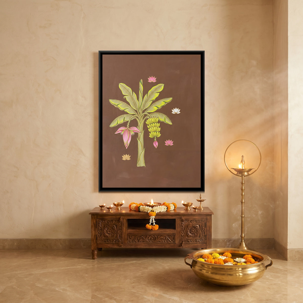 Banana Tree and Lotus — canvas art shown in a styled room