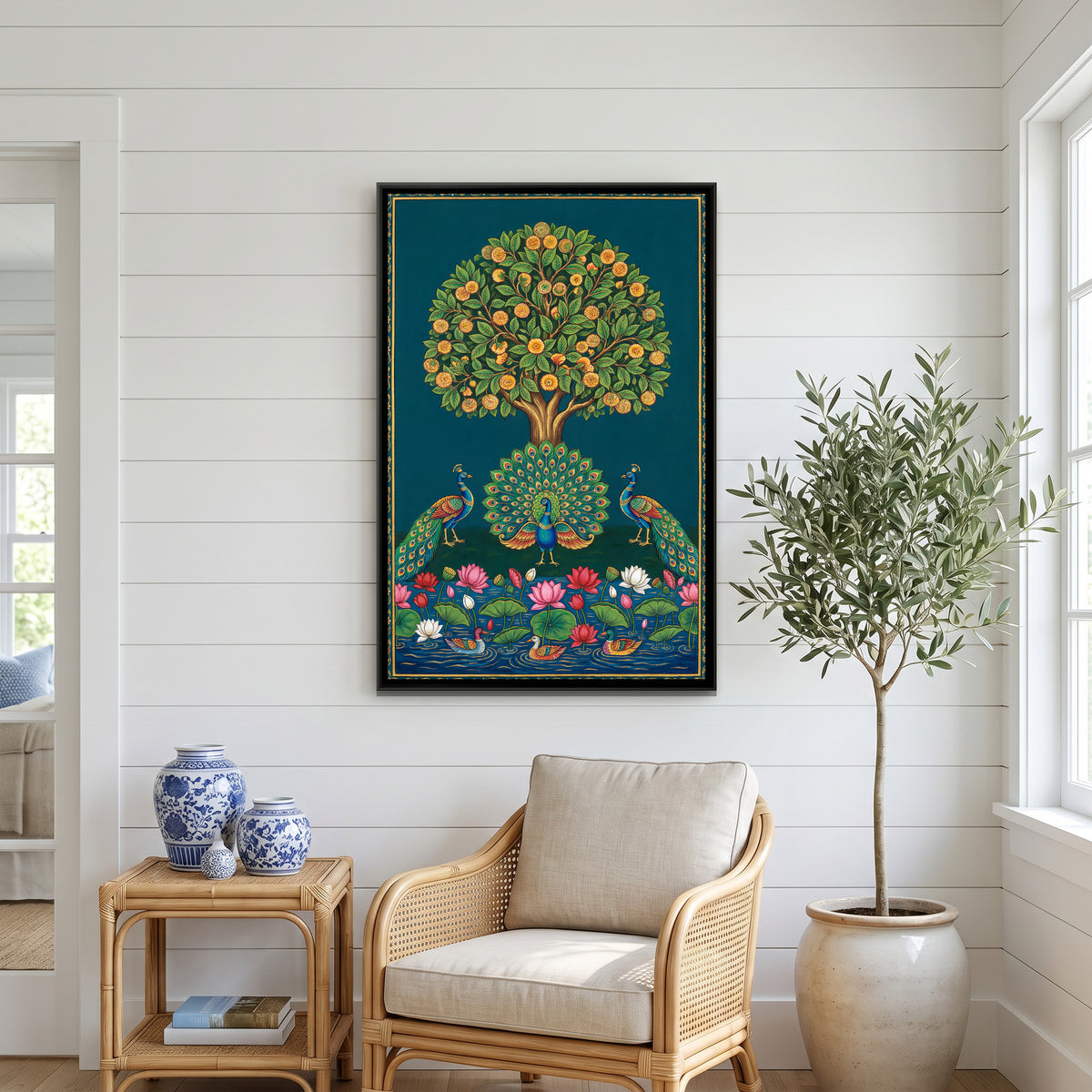 Pichwai Peacock Garden — canvas art shown in a second room setting