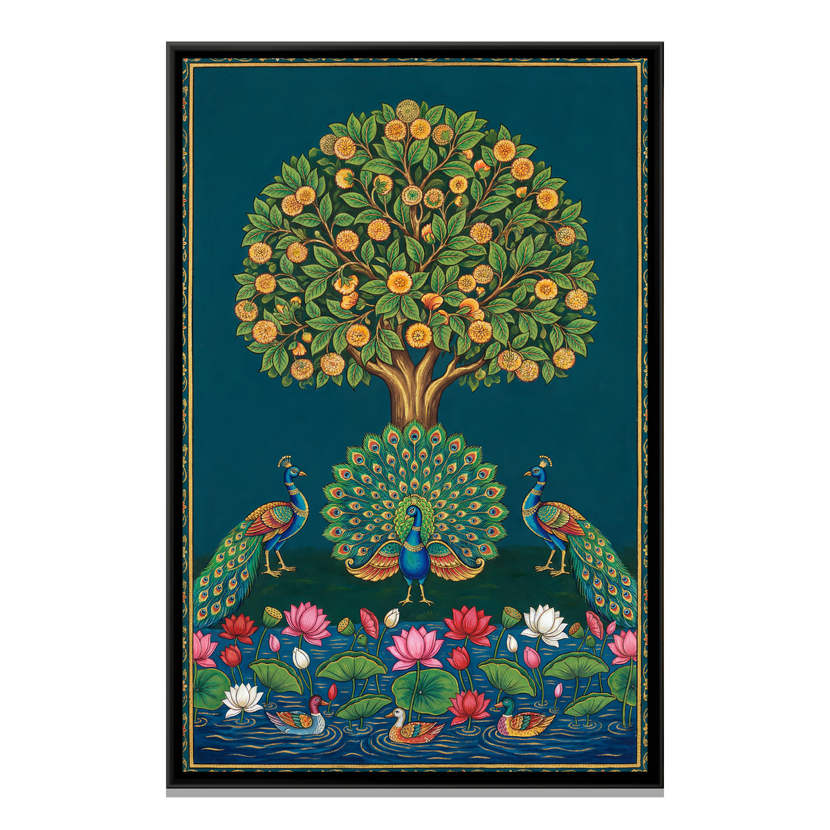 Pichwai Peacock Garden — framed canvas print, front view