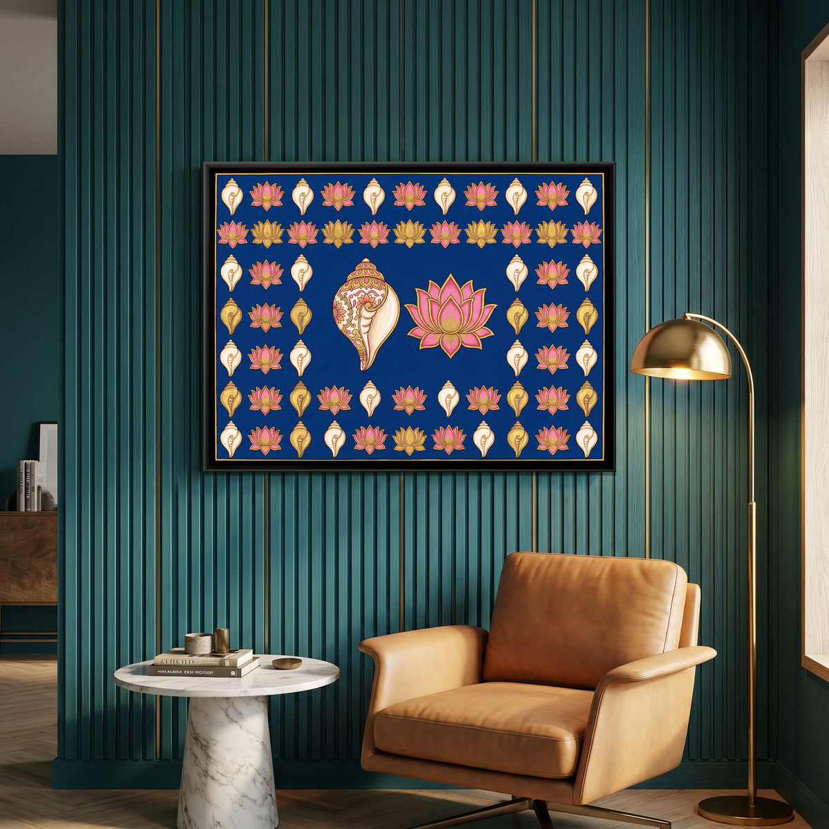 Pichwai Conch and Lotus — canvas art shown in a second room setting
