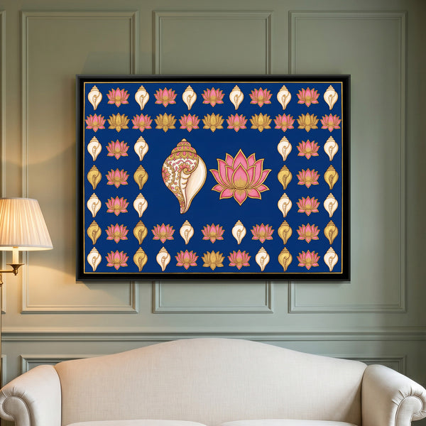 Pichwai Conch and Lotus — framed canvas art hung on a wall