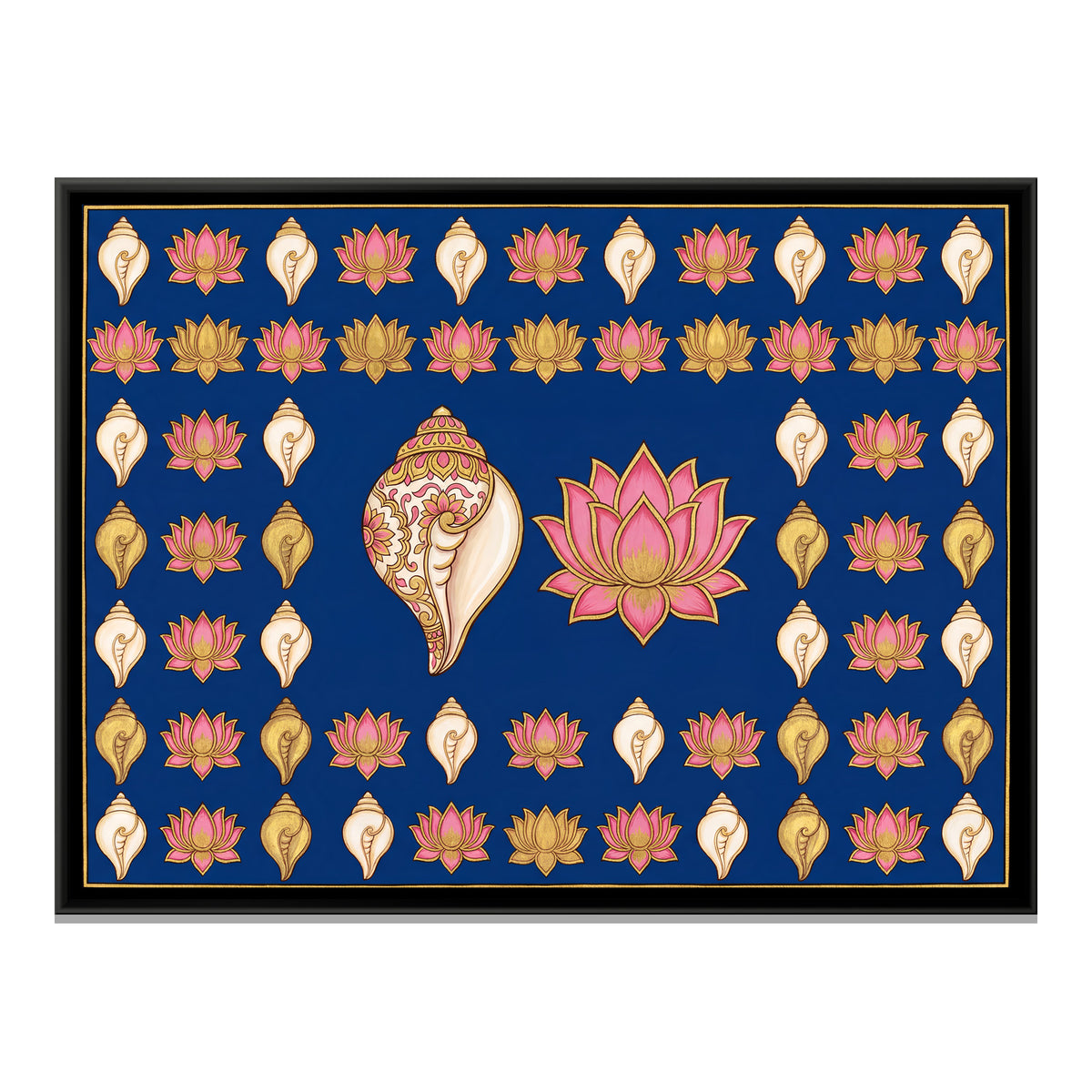 Pichwai Conch and Lotus — framed canvas print, front view