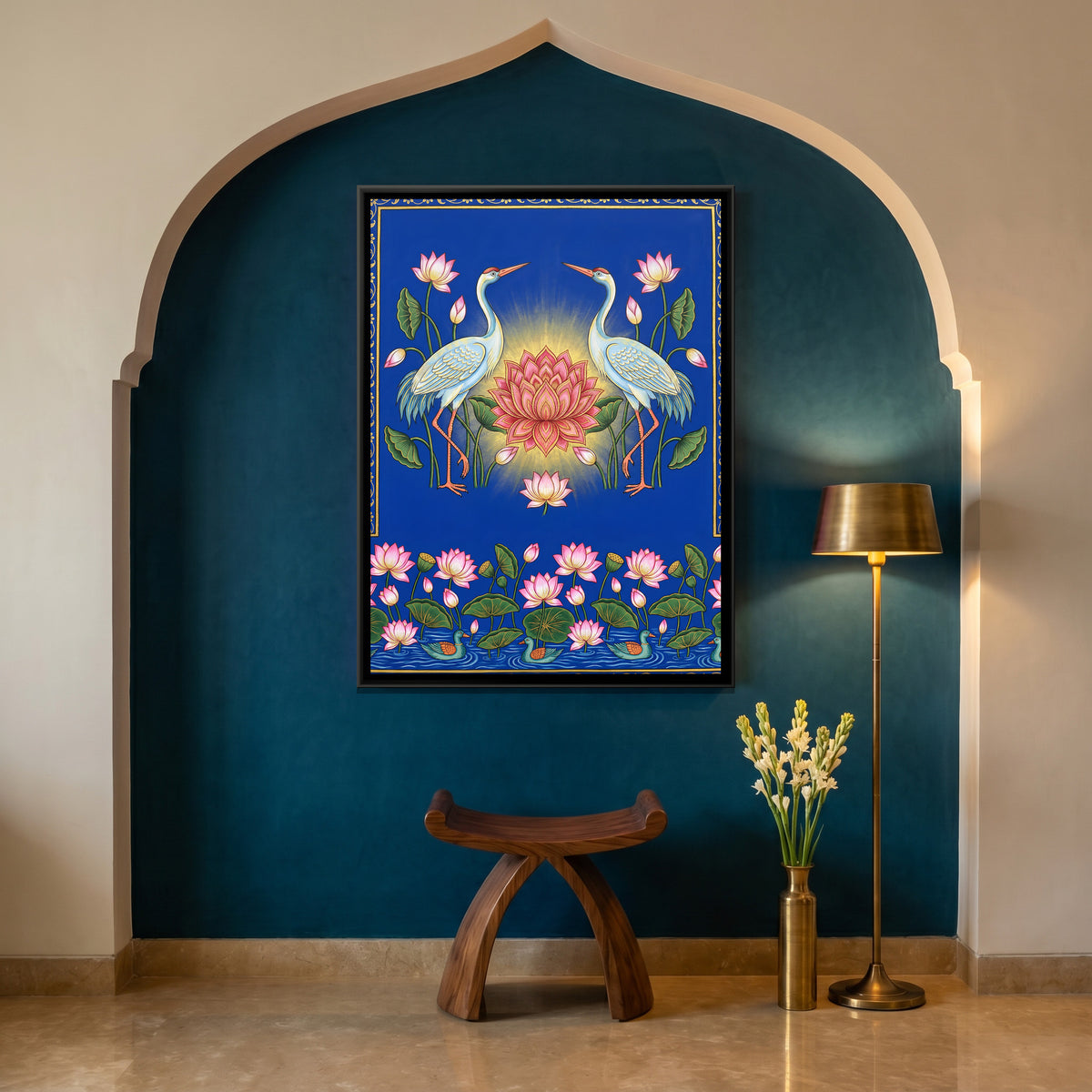 Pichwai Blue Lotus Pond — canvas art shown in a styled room