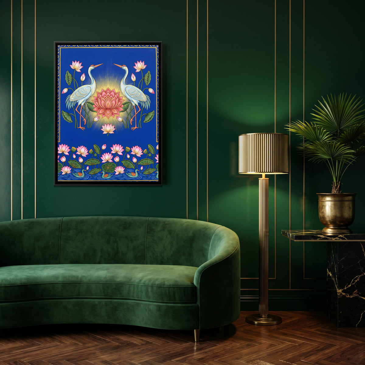 Pichwai Blue Lotus Pond — canvas art shown in a second room setting