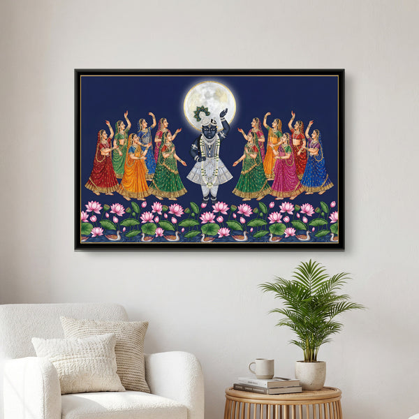 Pichwai Raas Leela — framed canvas art hung on a wall
