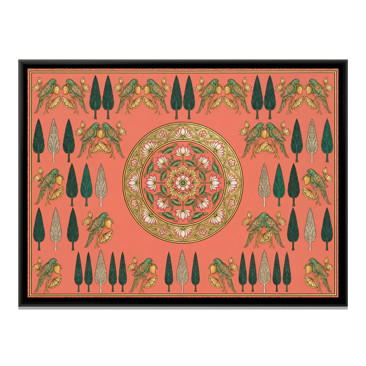 Pichwai Parrots — framed canvas print, front view