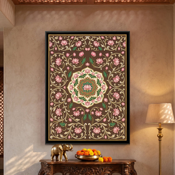 Pichwai Lotus Vine — framed canvas art hung on a wall
