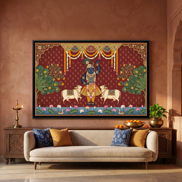 Pichwai Shrinathji — framed canvas art hung on a wall