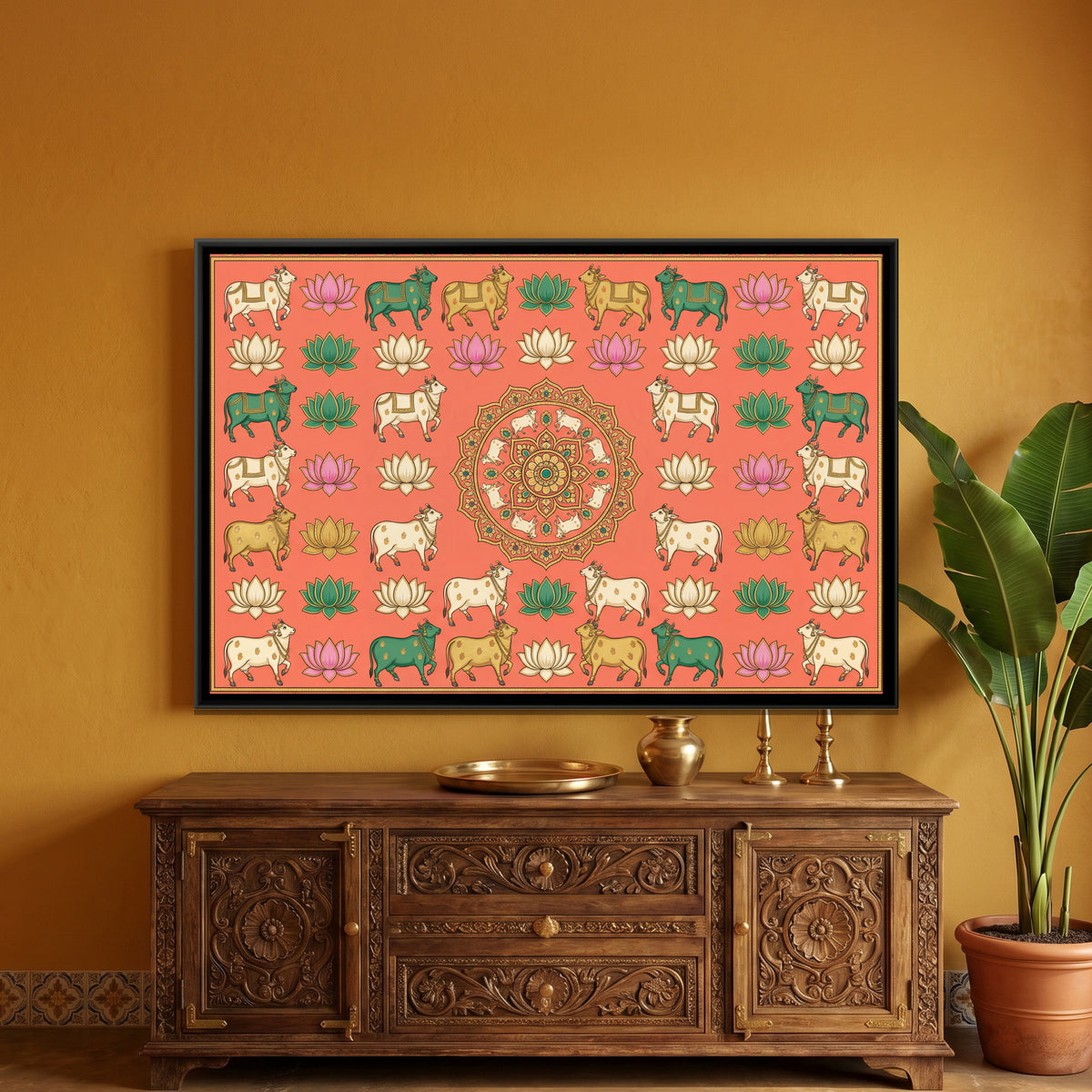Pichwai Kamadhenu — framed canvas art hung on a wall