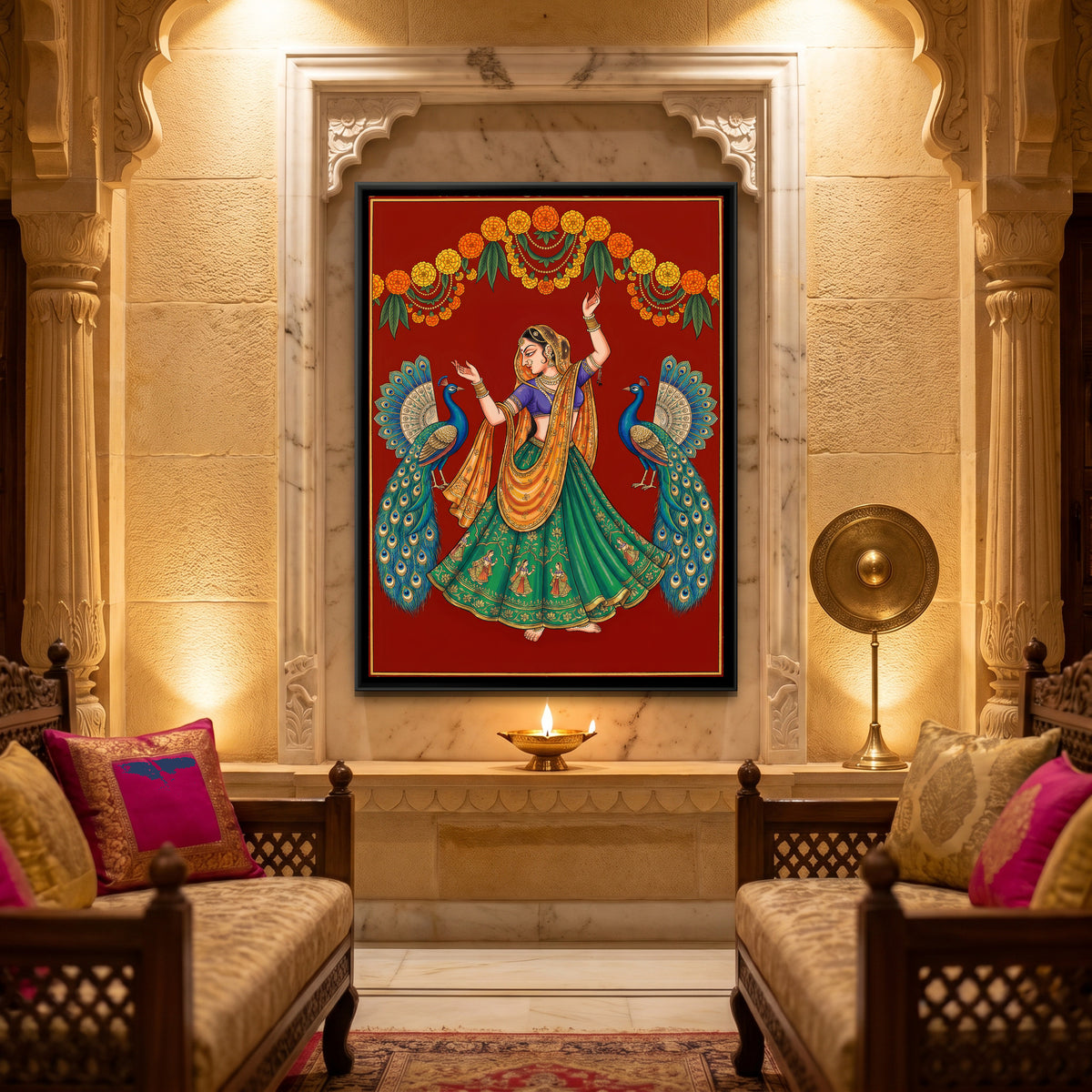 Pichwai Dancing Gopi — canvas art shown in a styled room