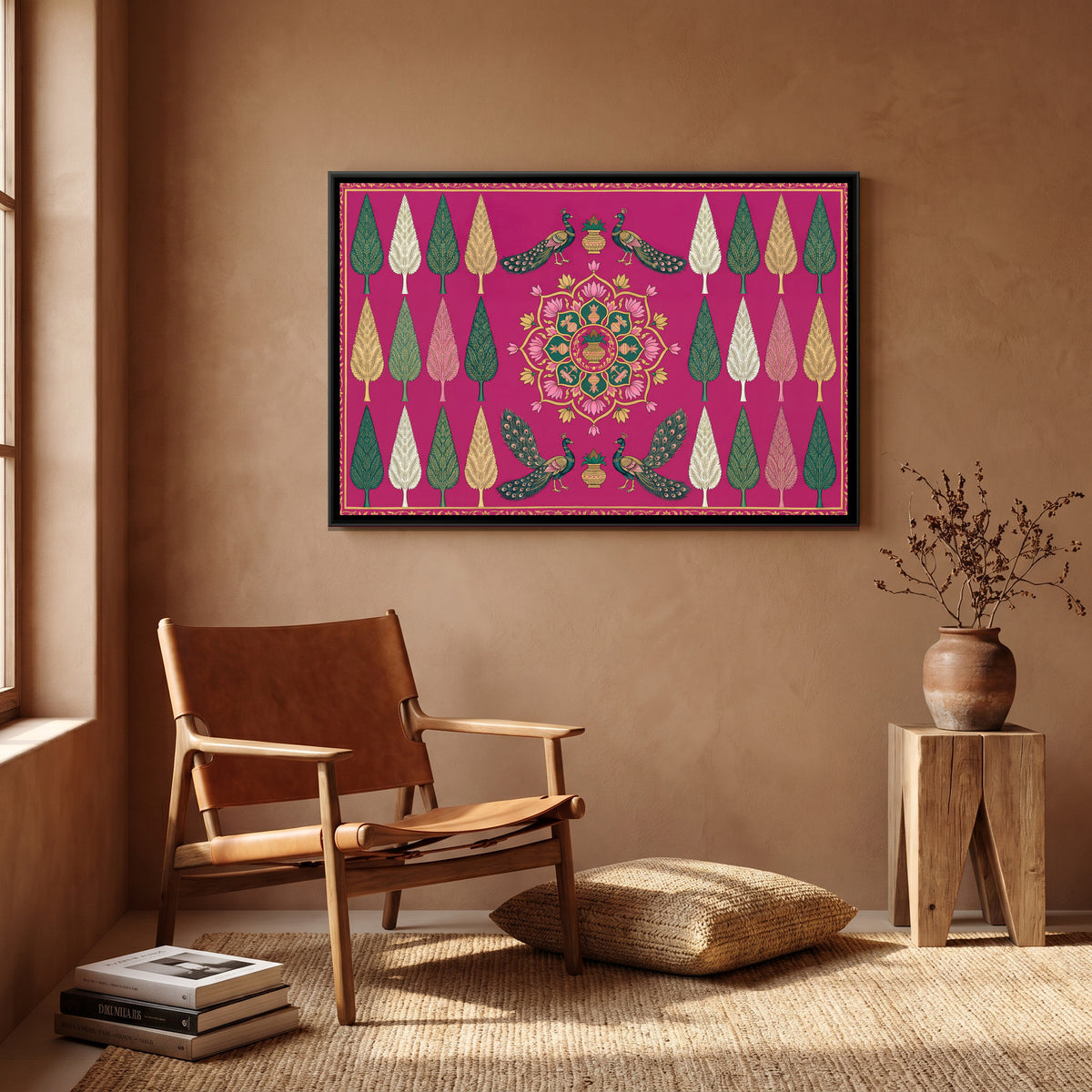 Pichwai Peacocks and Kalash — canvas art shown in a second room setting