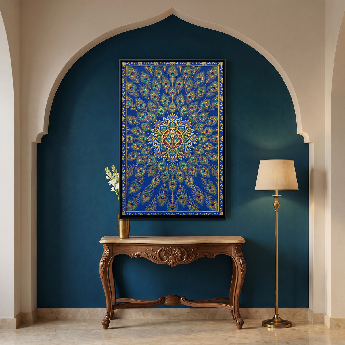 Pichwai Morpankh — canvas art shown in a styled room