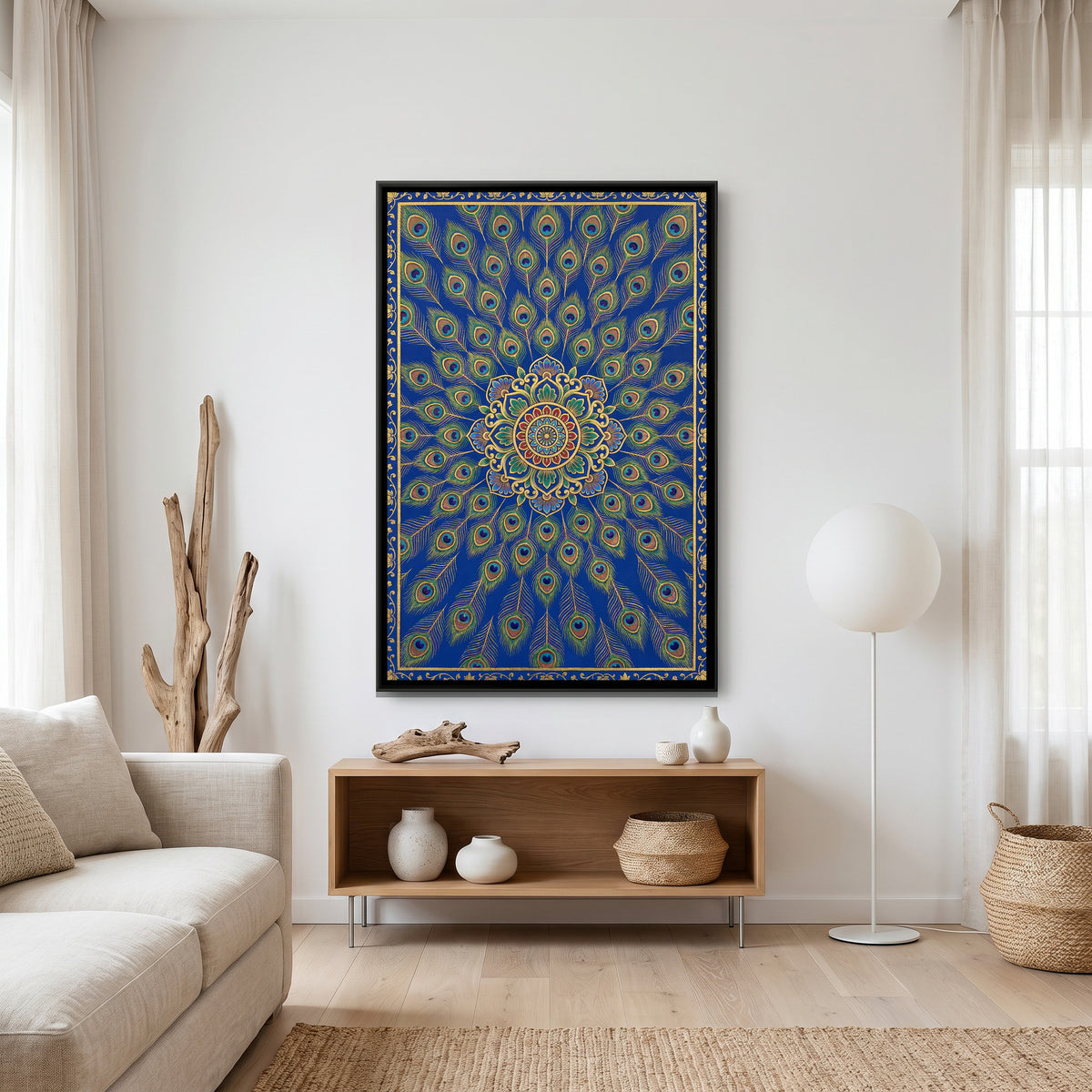 Pichwai Morpankh — canvas art shown in a second room setting