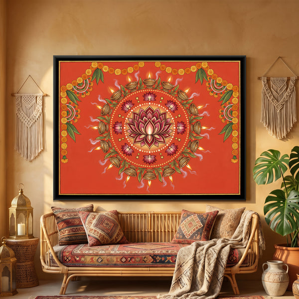 Pichwai Diya Rangoli — framed canvas art hung on a wall
