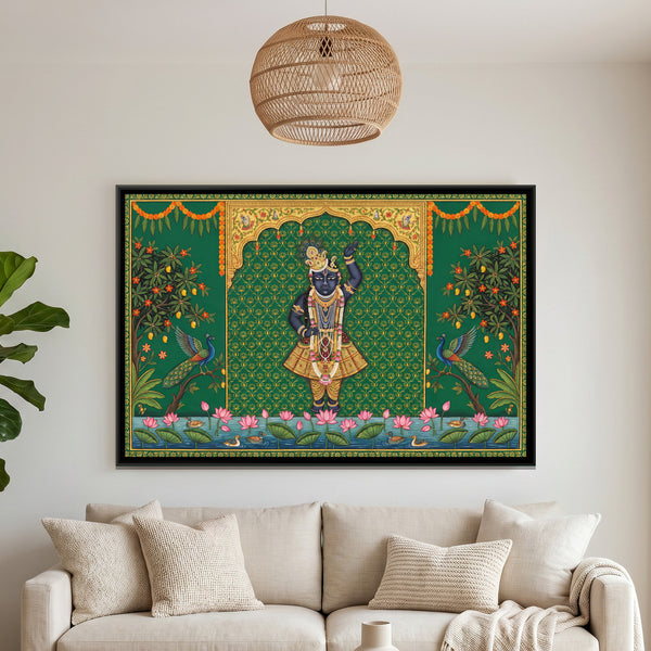 Pichwai Shrinathji — framed canvas art hung on a wall