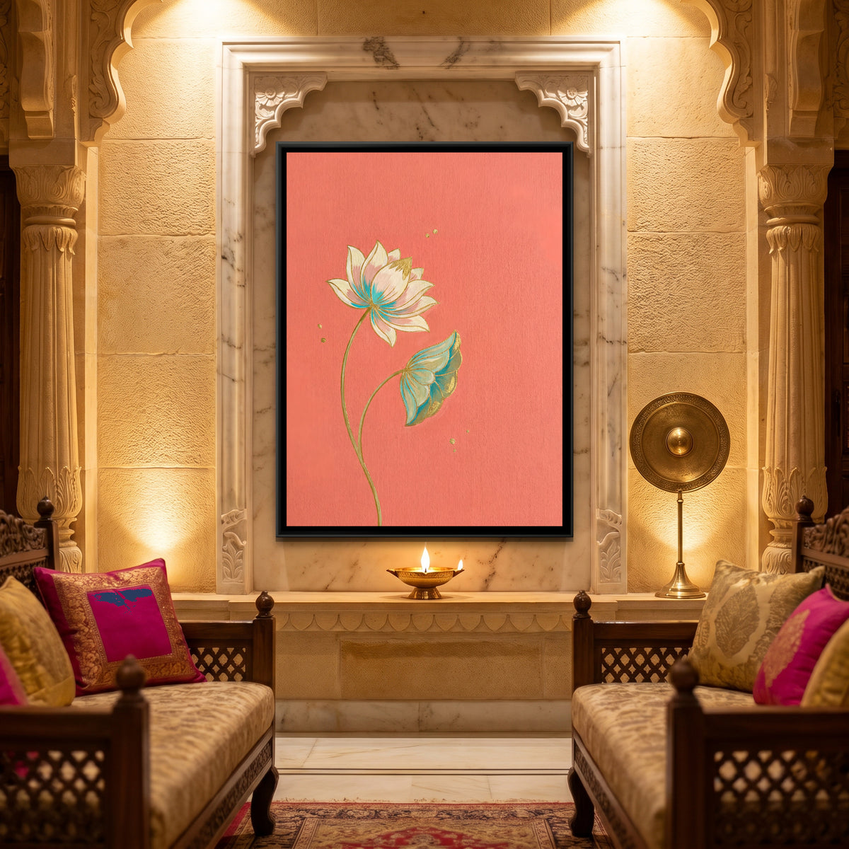 Pichwai Lotus — canvas art shown in a styled room
