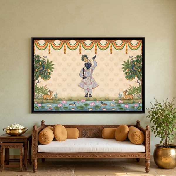 Pichwai Shrinathji — framed canvas art hung on a wall