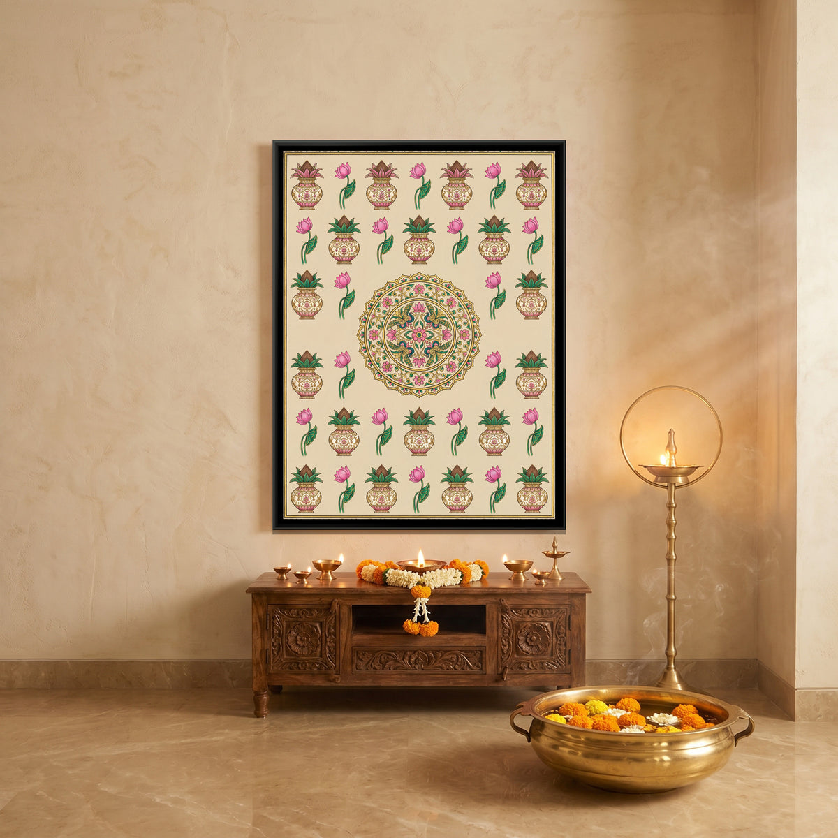 Pichwai Kalash and Lotus — canvas art shown in a styled room