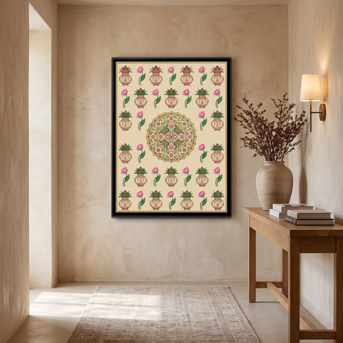 Pichwai Kalash and Lotus — canvas art shown in a second room setting