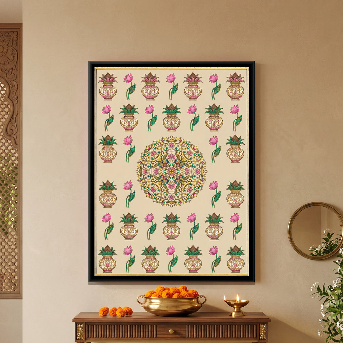 Pichwai Kalash and Lotus — framed canvas art hung on a wall