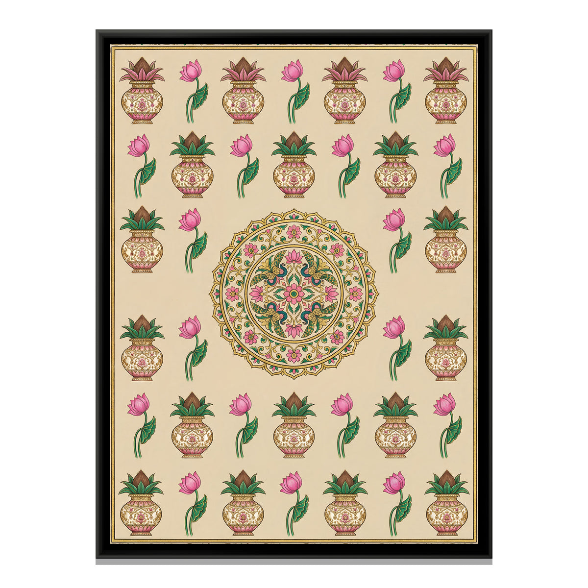 Pichwai Kalash and Lotus — framed canvas print, front view