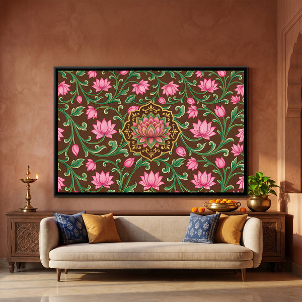 Pichwai Lotus Vine — framed canvas art hung on a wall
