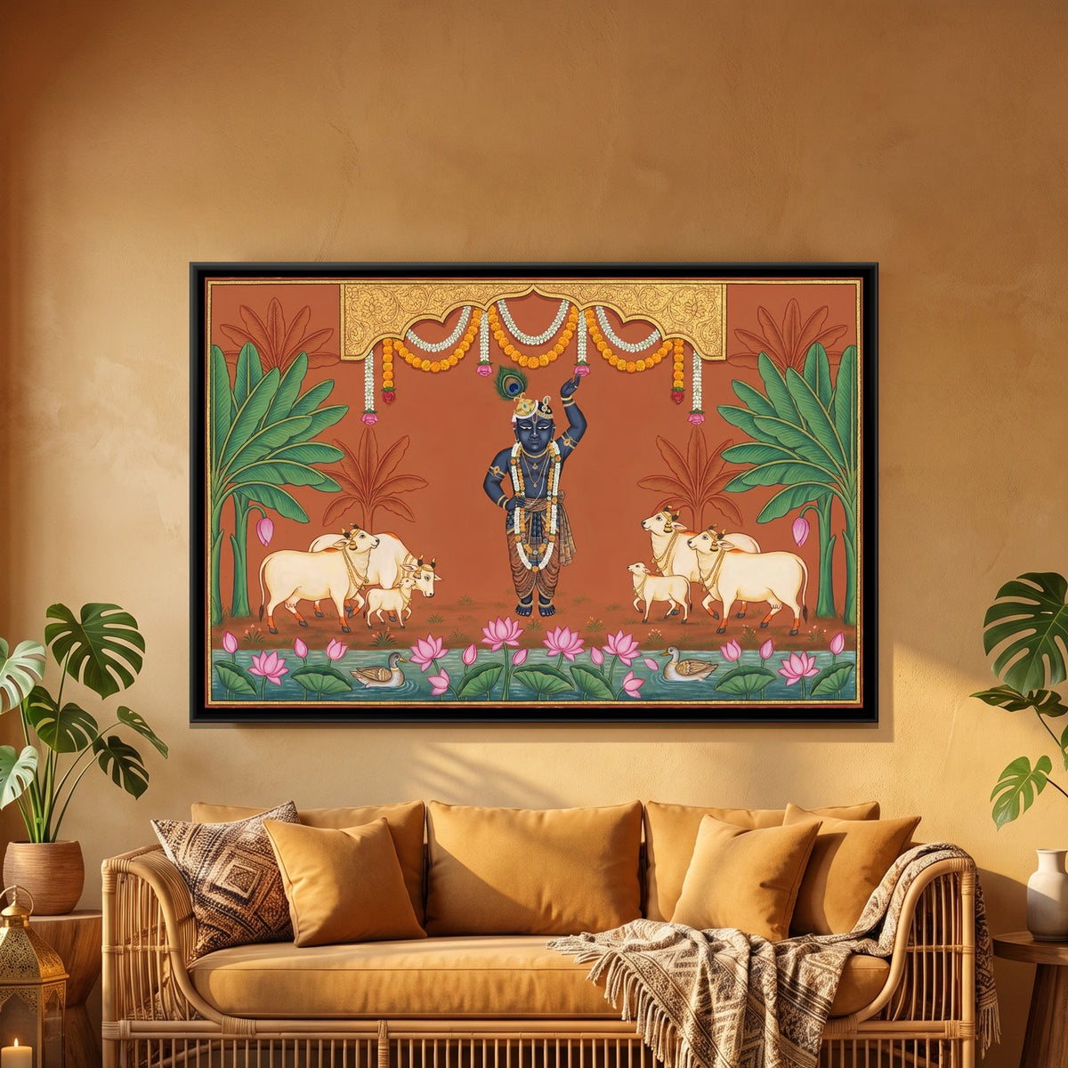 Pichwai Shrinathji with Cows — framed canvas art hung on a wall