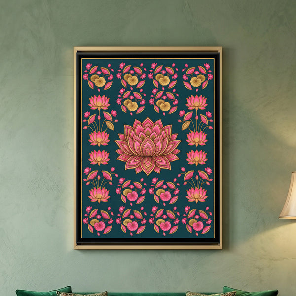 Pichwai Lotus Motifs — framed canvas art hung on a wall