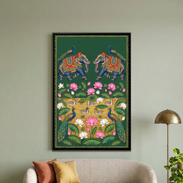 Pichwai Elephants and Lotus — framed canvas art hung on a wall