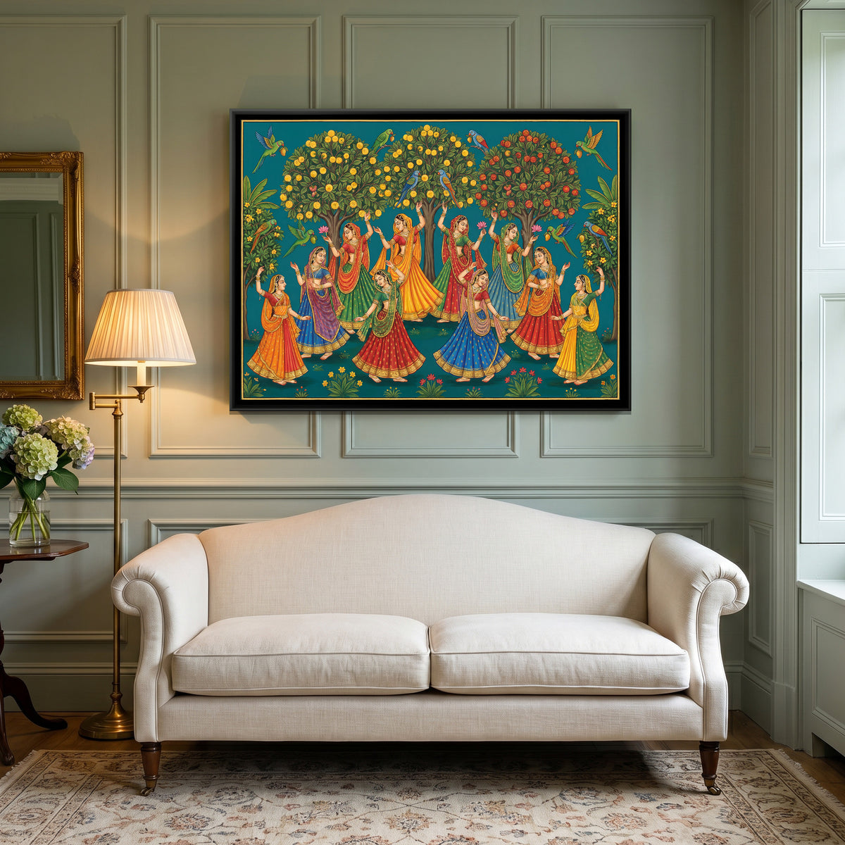 Pichwai Gopis — canvas art shown in a styled room