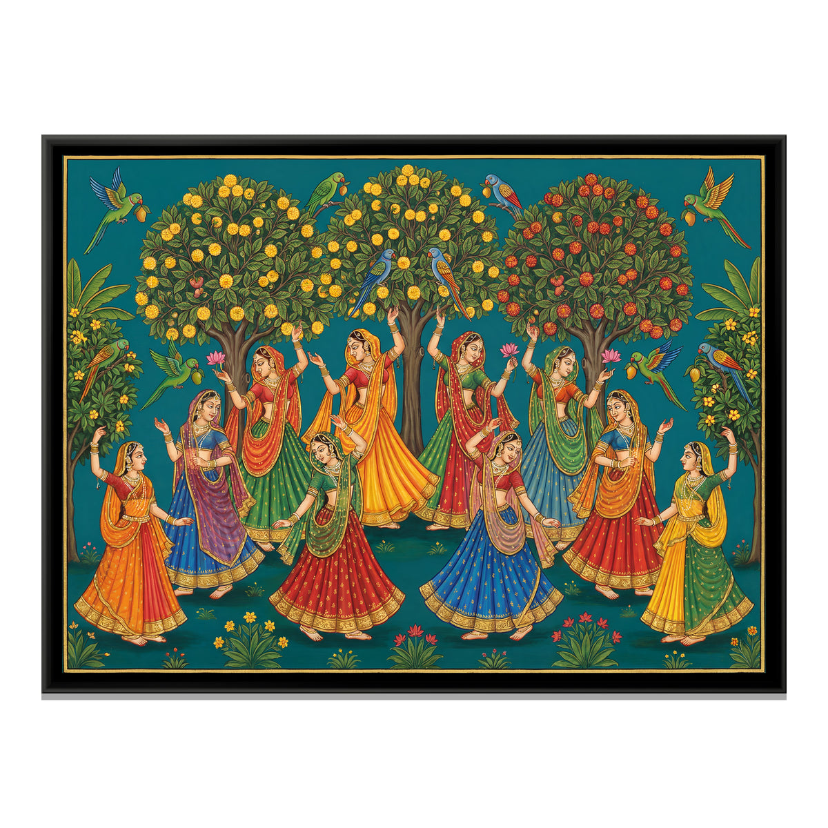 Pichwai Gopis — framed canvas print, front view