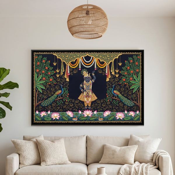 Pichwai Shrinathji — framed canvas art hung on a wall