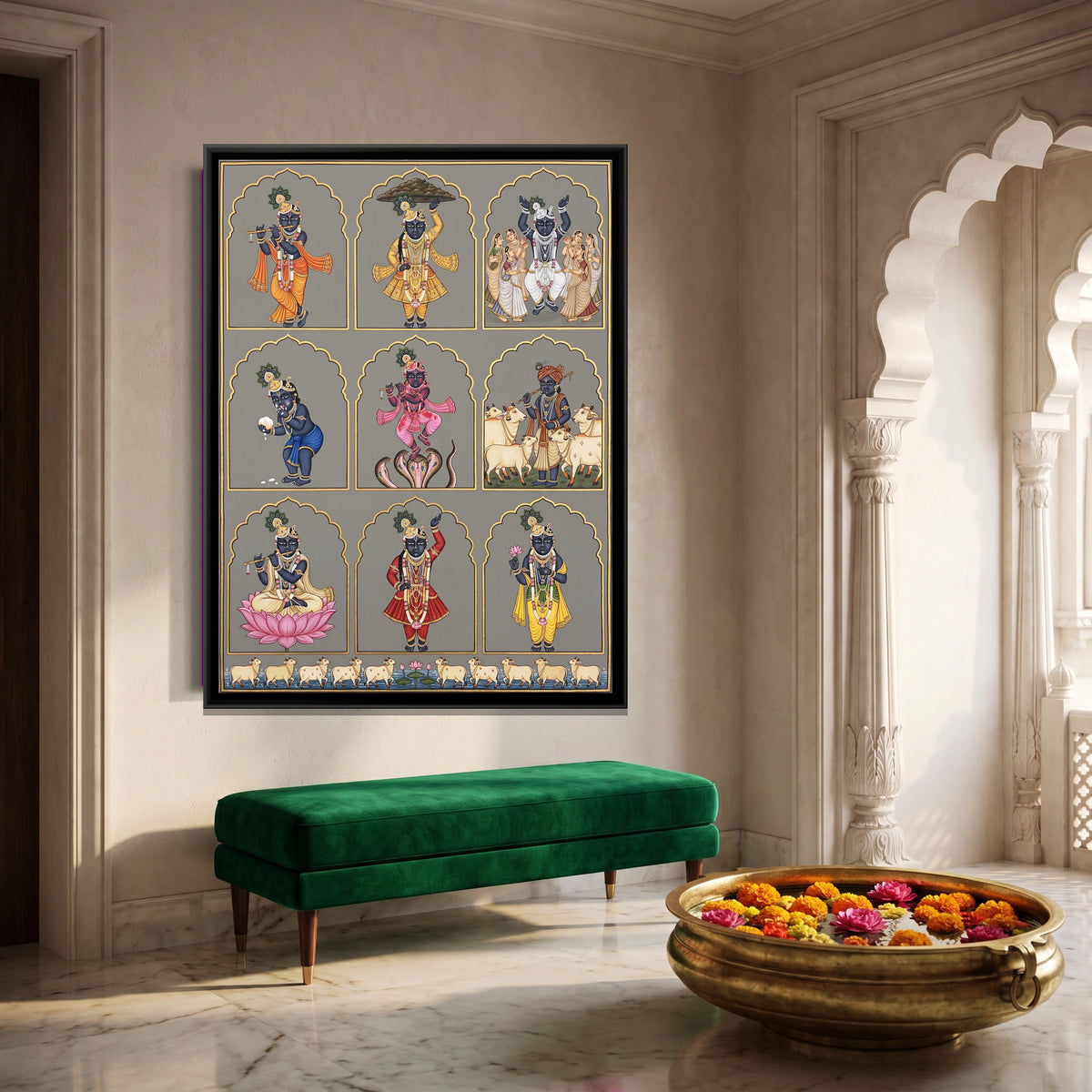 Shrinathji Nav Swaroop — canvas art shown in a styled room