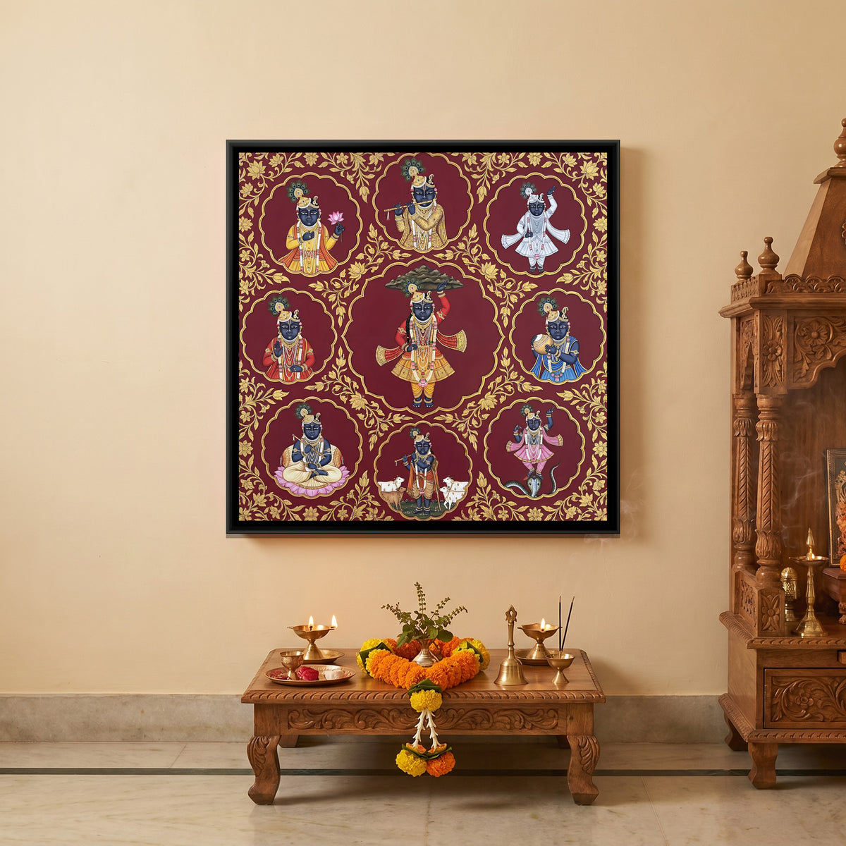 Shrinathji Nav Swaroop Mandala — canvas art shown in a styled room