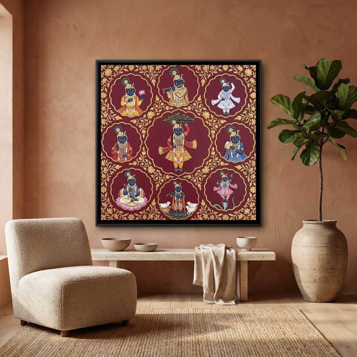Shrinathji Nav Swaroop Mandala — canvas art shown in a second room setting