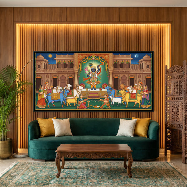 Pichwai Gau Seva — framed canvas art hung on a wall