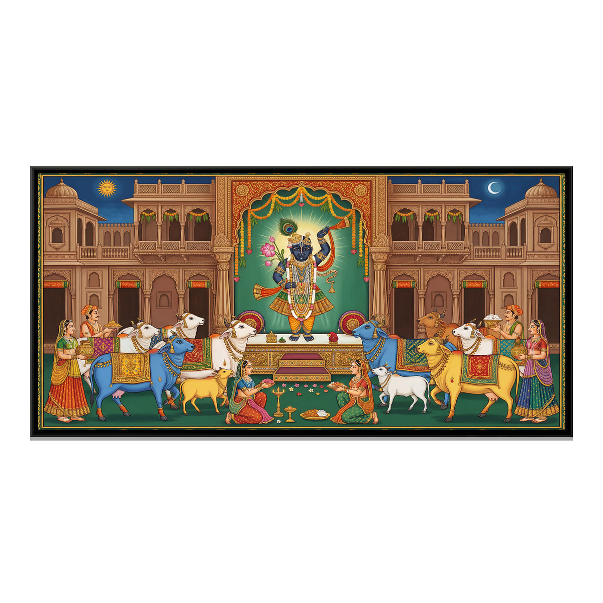 Pichwai Gau Seva — framed canvas print, front view