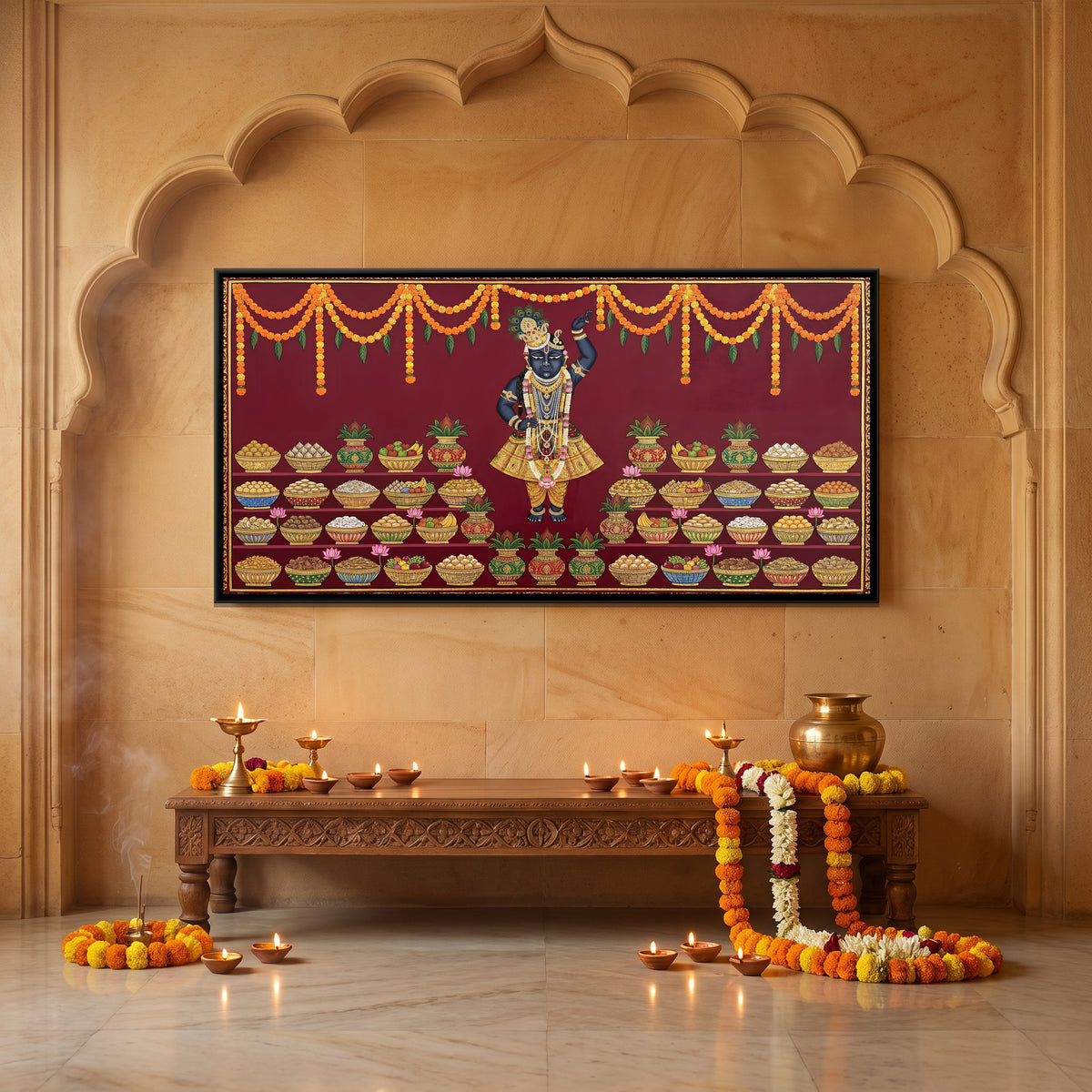 Pichwai Chappan Bhog — canvas art shown in a styled room