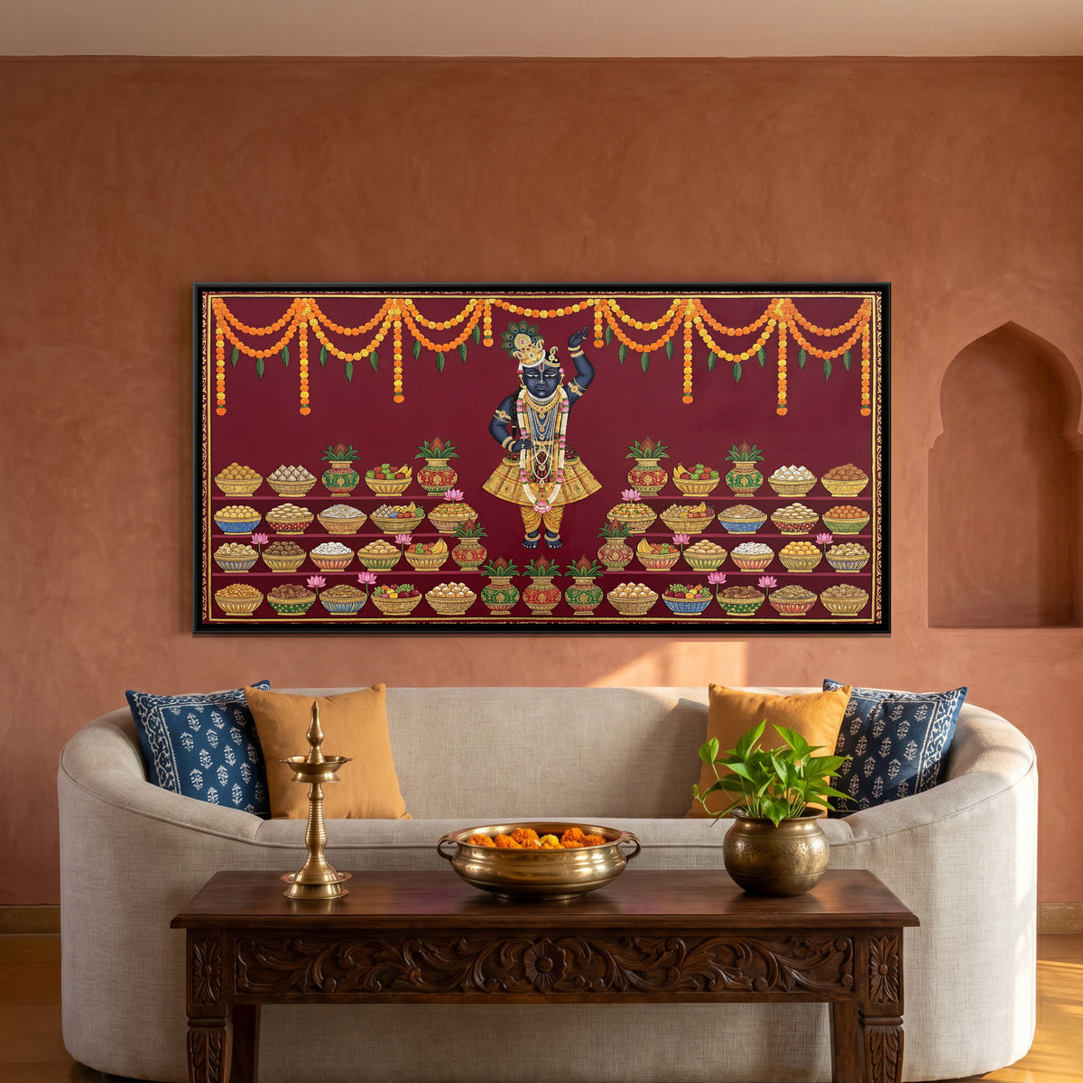Pichwai Chappan Bhog — framed canvas art hung on a wall