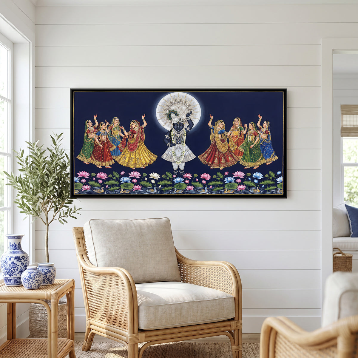 Pichwai Raas Leela — canvas art shown in a second room setting