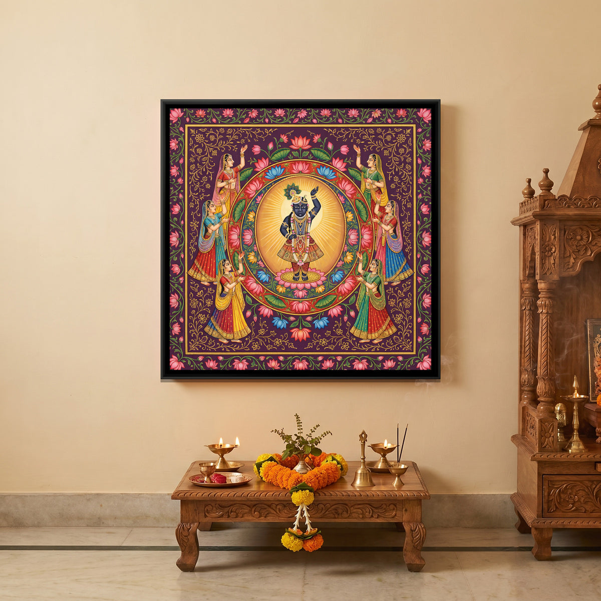 Shrinathji Mandala — canvas art shown in a styled room