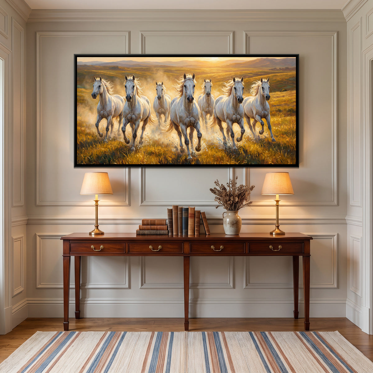 7 White Horses Running at Sunset — canvas art shown in a second room setting